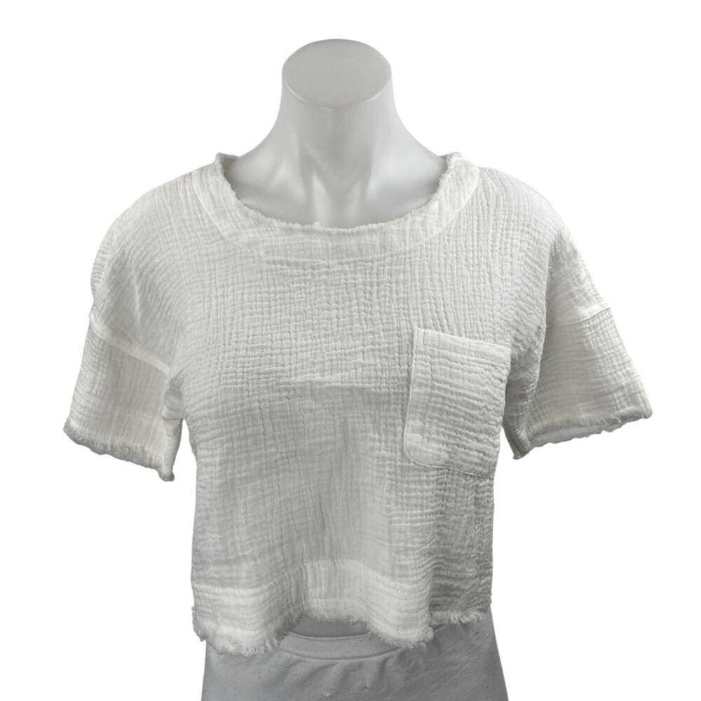 New In White Cotton Gauze Frayed Edges Pocket Short Sleeve Crop Tee Shirt Top XS